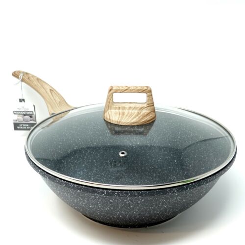 Natural Elements Woodstone Non-stick 12.5 Inches Wok With Lid Black New